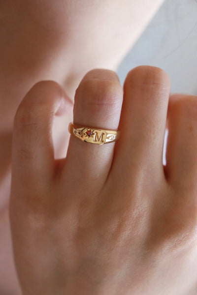 Signet initial ring with one birthstone
