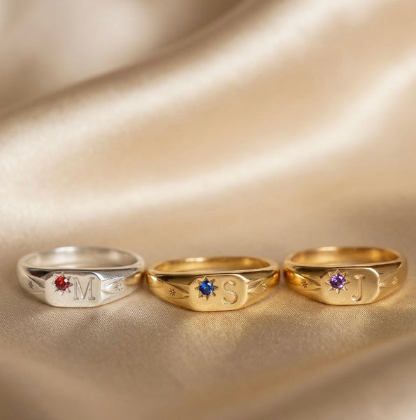 Signet initial ring with one birthstone