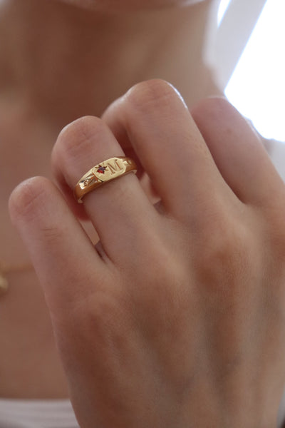 Signet initial ring with one birthstone