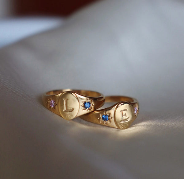 Birthstones signet initial ring