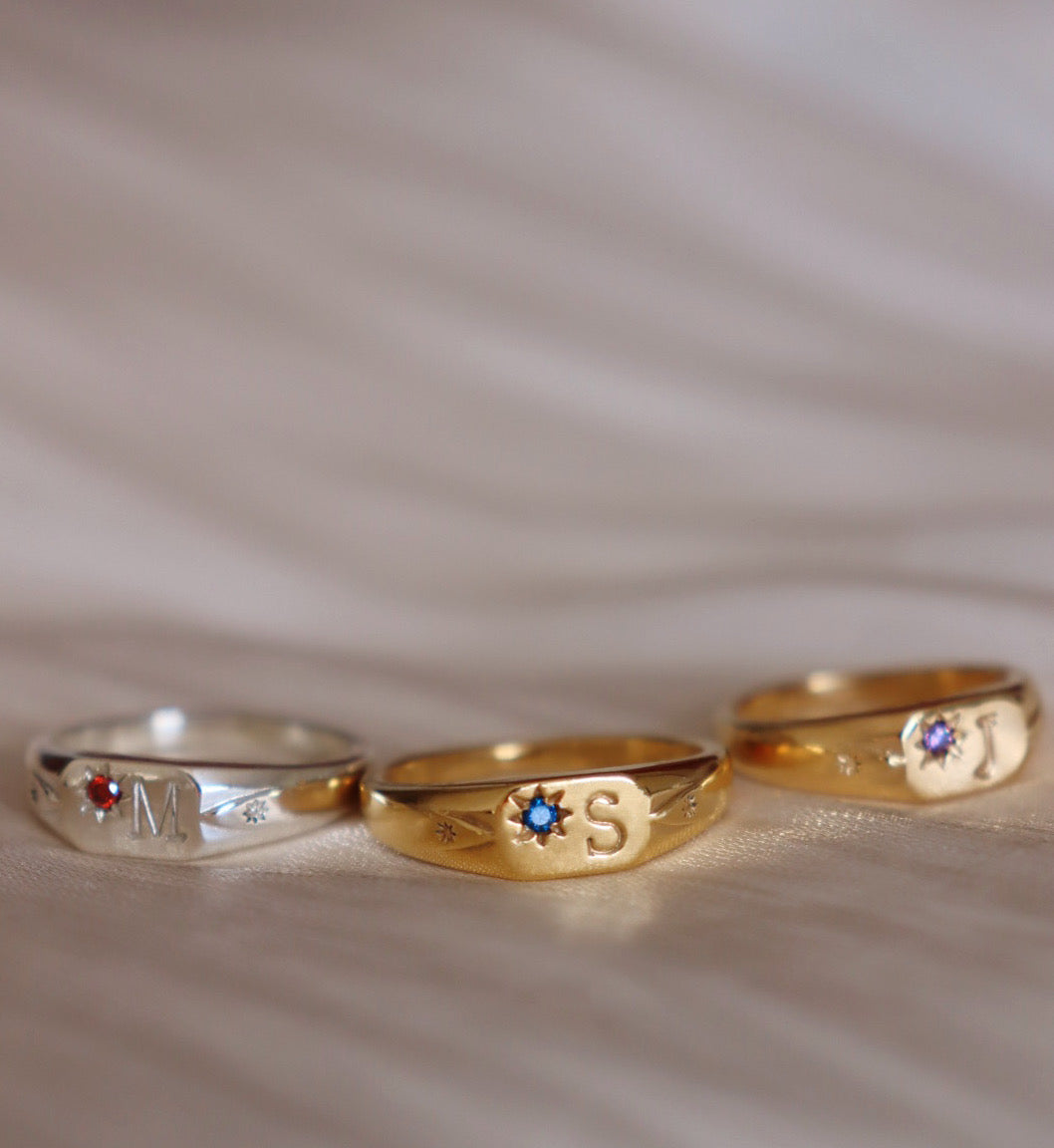 Signet initial ring with one birthstone