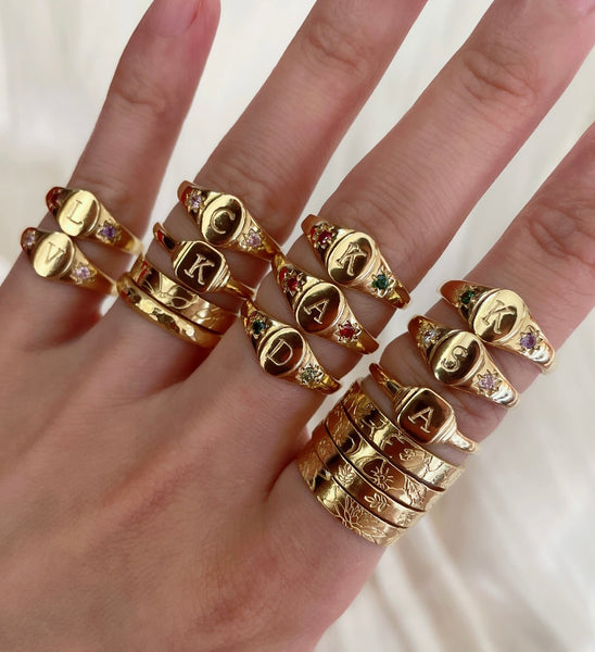 Birthstones signet initial ring