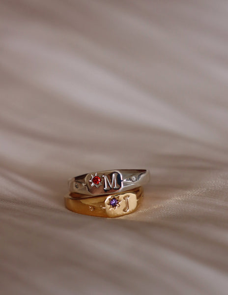 Signet initial ring with one birthstone