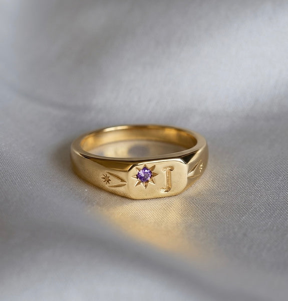 Signet initial ring with one birthstone