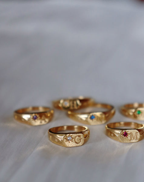 Signet initial ring with one birthstone