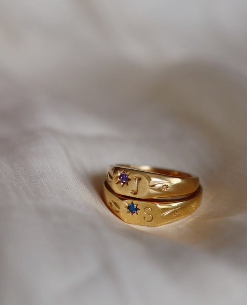 Signet initial ring with one birthstone