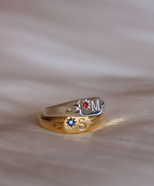 Signet initial ring with one birthstone