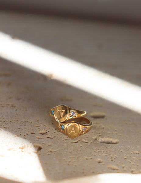 Birthstones signet initial ring