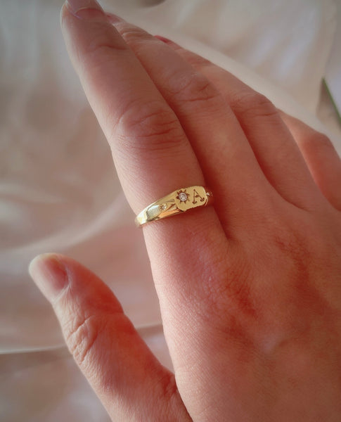 Signet initial ring with one birthstone