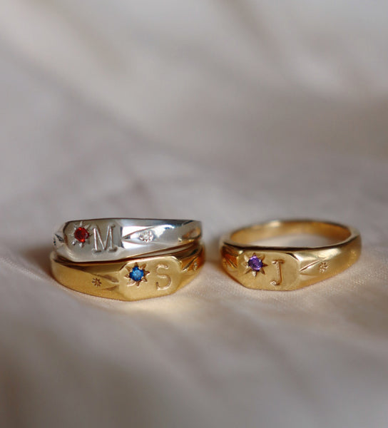 Signet initial ring with one birthstone