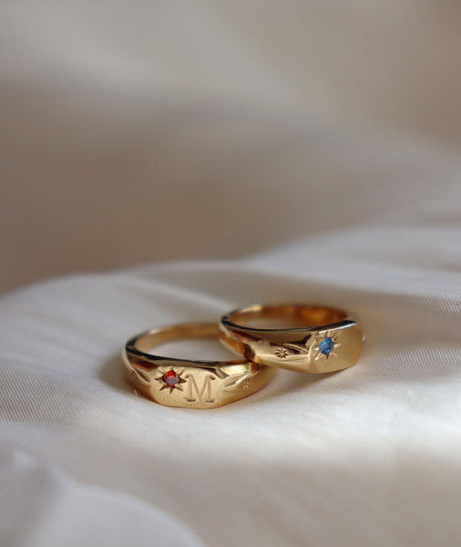 Signet initial ring with one birthstone