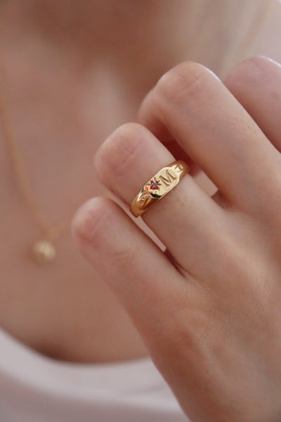 Signet initial ring with one birthstone