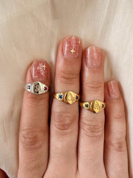 Birthstones signet initial ring