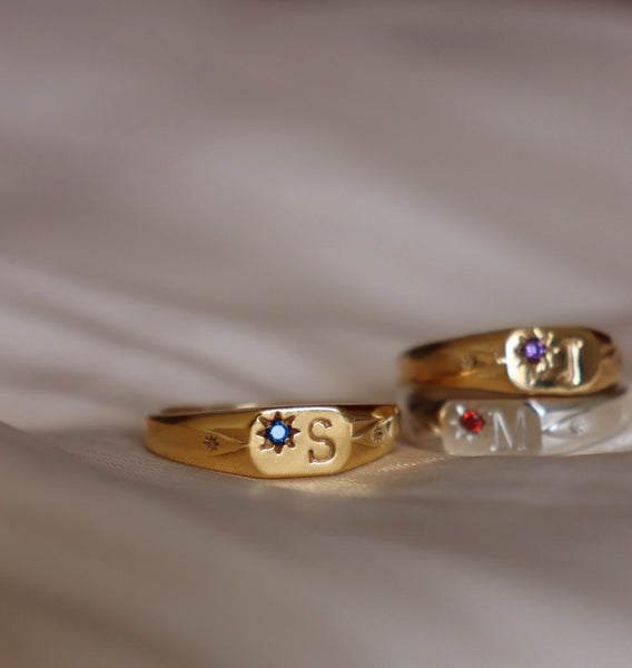 Signet initial ring with one birthstone