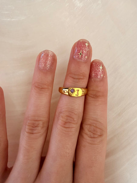 Signet initial ring with one birthstone